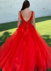 Betsy | A - Line Long Red Prom Dress With V - Neck Lace Appliques - Red - PromDressClub
